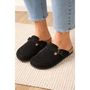 Intini Suede Slip-On Clogs W/Adjustable Buckle Strap & Cork Sole Black Size 4r